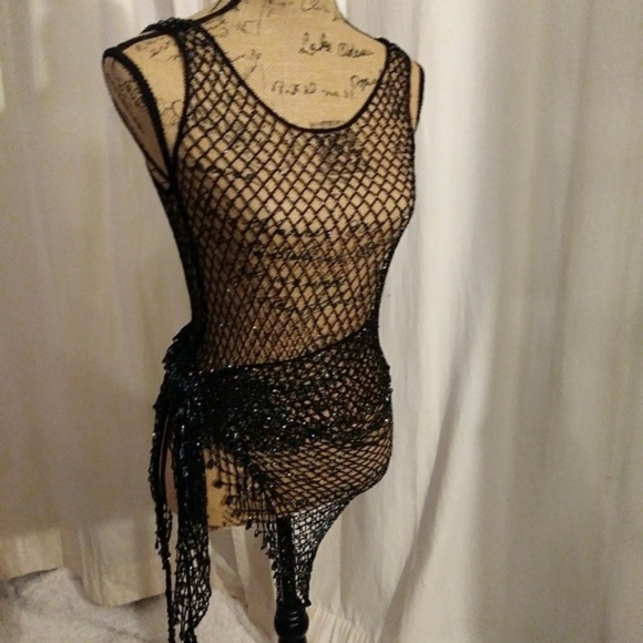 Black Beaded Tank And Cover- Up Open Weave - Picture 1 of 7